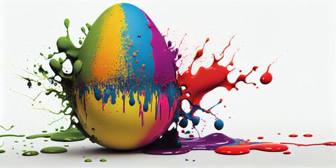 Obraz na płótnie Canvas Osterei mit explodierender Farbe und Farbspritzer auf weißen Hintergrund mit Platzhalter - Generative Ai
