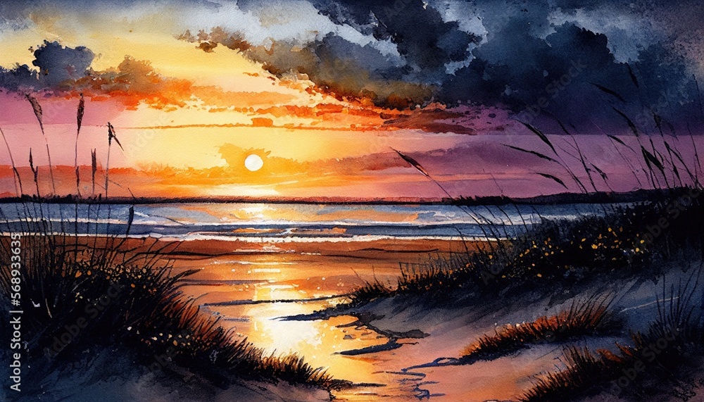 Wall mural Watercolor sunset at the beach, orange sky clouds and water Generative AI art