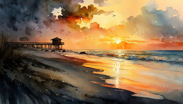 Watercolor beach sunrise background, sunrise sky at the beach Generative AI art