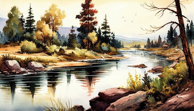 autumn river in the forest landscape, watercolor Generative AI painting background