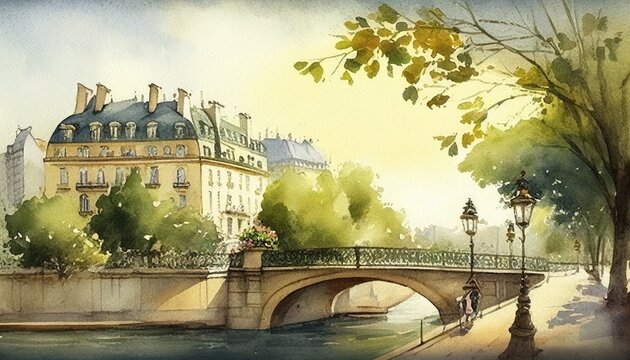 France city street view watercolor painting, Generative AI illustration