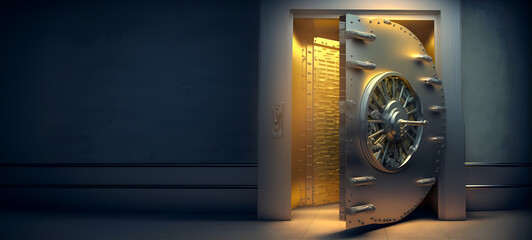 Gold Safe deposit with crypto money. Concept symbol of cryptocurrency safety in internet blockchain virtual. Copy space banner. Generation AI - obrazy, fototapety, plakaty