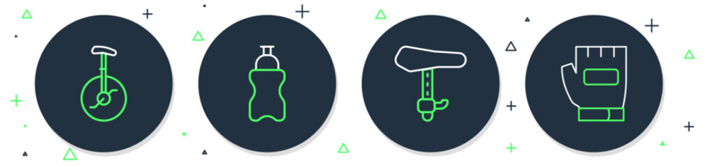 Set line Sport bottle with water, Bicycle seat, Unicycle one wheel bicycle and Gloves icon. Vector © vector_v