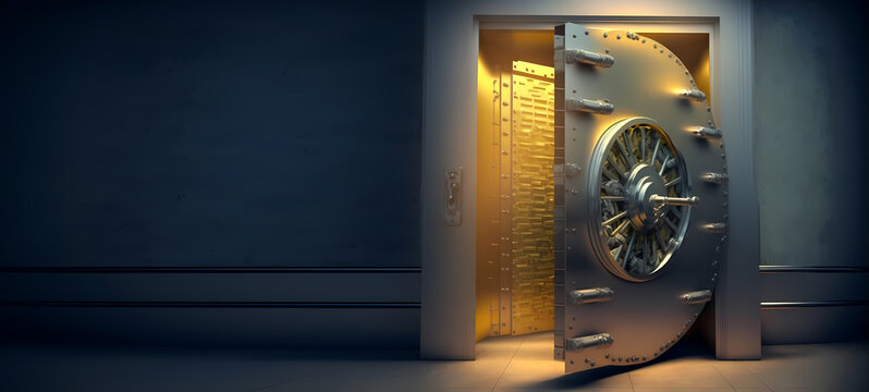 Gold Safe deposit with crypto money. Concept symbol of cryptocurrency safety in internet blockchain virtual. Copy space banner. Generation AI