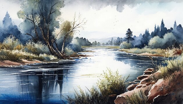 Morning in the forest, watercolor river in the forest landscape, Generative AI painting