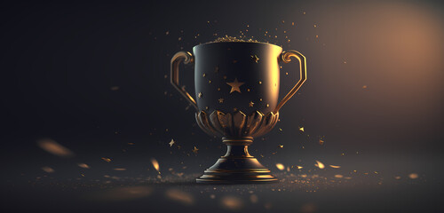 Banner Cup Champion golden prize with splash of stars on dark background with sun light, copy space. Generation AI