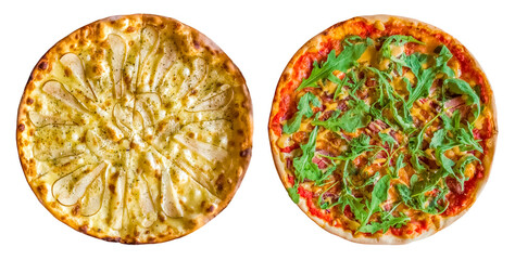 two round pizzas, sweet pear pizza with cheese and Pizza with prosciutto, arugula and parmesan on a...