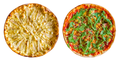 two round pizzas, sweet pear pizza with cheese and Pizza with prosciutto, arugula and parmesan on a transparent background. isolated object. Element for design