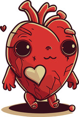 Cartoon chewing heart. With face, arms and legs..