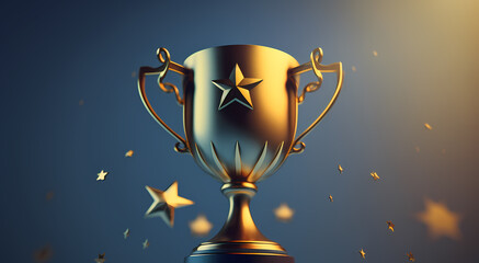 Banner Champion golden trophy with gold stars on blue dark background. Generation AI