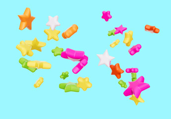 Colorful sugar sprinkles, Star candy, baking decorations, stars on Blue 3d illustration