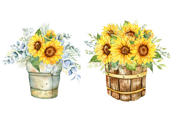 Watercolor sunflowers bouquet, hand painted sunflower bouquets with greenery, sunfower flower arrangement. Sunflower Farmhouse decor. Watercolor floral. Botanical Drawing. White background.	
