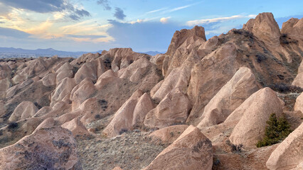 sunset landscape at sunset valley viewpoint in Cappadocia, Nevsehir, Turkey