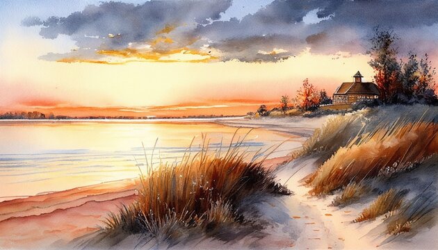 Watercolor painting sunset at the beach, orange sky Generative AI art
