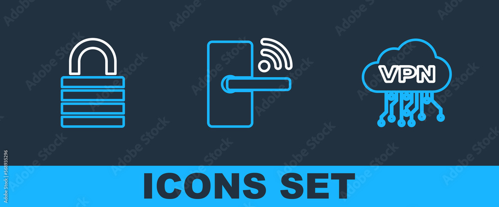 Poster set line cloud vpn interface, lock and digital door lock with wireless icon. vector