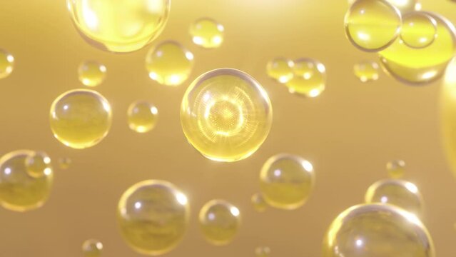 Numerous water bubbles rise in a macro image against a bright background. Design for moisturizing bubble blobs in beauty gloss in super motion. 3D cosmetic serum animation