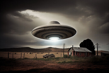 Obraz premium generative ai, UFO flying over a ranch in the country