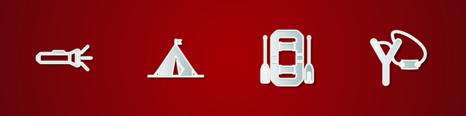 Set Flashlight, Tourist tent with flag, Rafting boat and Slingshot icon. Vector