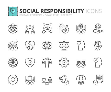 Simple set of outline icons about corporate social responsibility