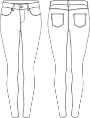 Skinny Denim long pants jeans fashion flat sketch template mock-up technical illustration