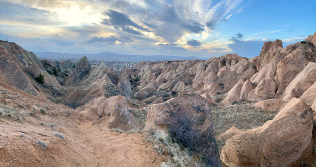 sunset landscape at sunset valley viewpoint in Cappadocia, Nevsehir, Turkey