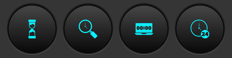 Set Old hourglass, Magnifying with clock, Clock on laptop and 24 hours icon. Vector