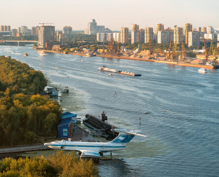 Moscow, Russia - 13 August 2022: Museum of the History of the Russian Navy in the Northern Tushino Park. The submarine B-396 "Novosibirsk Komsomolets" and the Ekranoplane "Orlyonok". The Moscow Canal.
