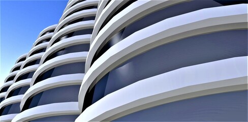 Bottom view of the contemporary office building with round facade against the blue sky. Mirrored glass exterior. 3d rendering.