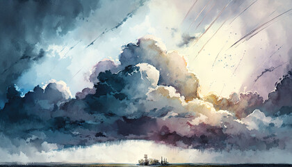 Watercolor rainy day cloudscape, dark rain clouds Generative AI painted background