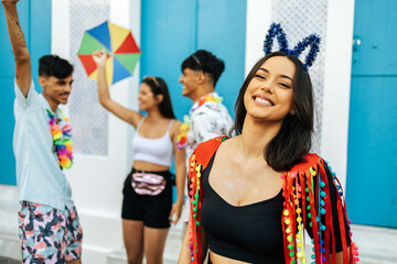 Portrait of a Brazilian woman during a carnival block