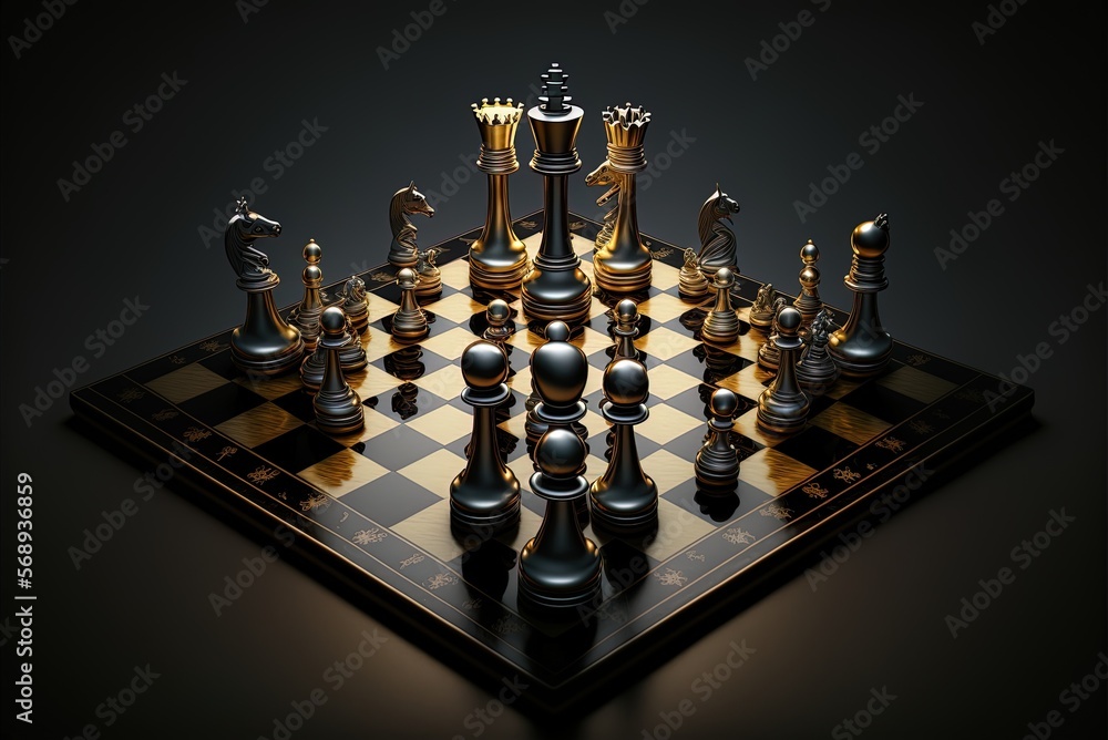 Poster a chessboard with pieces on a black backdrop generative ai
