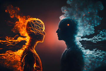 Two silhouettes of a man look at each other confrontation of water and fire. Generative AI technology.