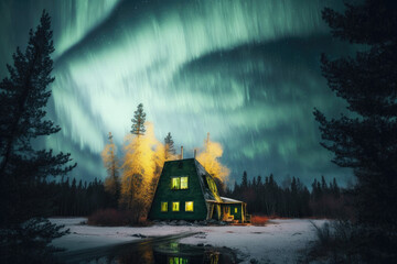 Majestic Aurora Landscape, House in the middle of a forest, Polar Lights in the Sky Wallpapers, Generative AI Digital Illustration