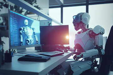 Roboter mit künstlicher Intelligenz vor einem steigenden Graphen. Wachsender, digitaler Business Profit und finanzieller Erfolg  - Generative Ai