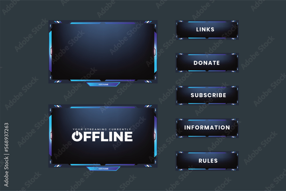 Poster futuristic live gaming overlay template design with blue color on a dark background. stream screen i