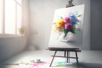 Explosion of color on a white canvas in a room with windows. AI generated.