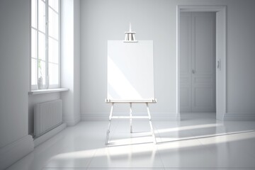 bright and spacious room with a blank frame on an easel. AI generated.