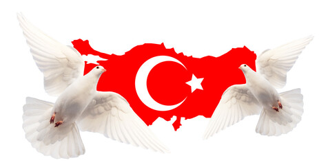 White doves fly on the background of the map of Turkey
