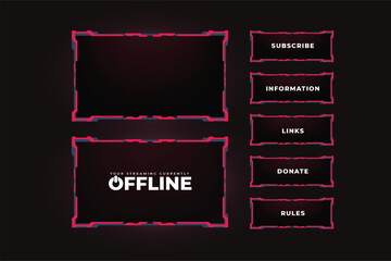 Live gaming broadcast frame with digital shapes for gamers. Dark streaming overlay panel design with red color borders. Futuristic gaming screen design vector for online streamers.