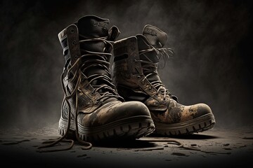Boots, helmet and military uniform. AI generated.