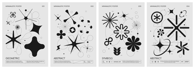 Retro futuristic vector set Posters with silhouette minimalistic basic figures, extraordinary graphic assets of geometrical shapes swiss style, Modern minimal monochrome print brutalist - 568937814