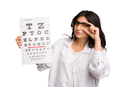 Young indian oculist woman holding an eye chart paper cut out isolated