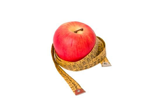 Measuring tape and red apple isolated on white background