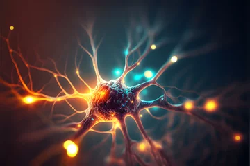 Poster Diseño de la actividad neuronal en el cerebro. Estimulación neuronal y optogenética. La actividad de las neuronas recorre la corteza cerebral. Enfermedad de Alzheimer.Ai generada. © C.Castilla