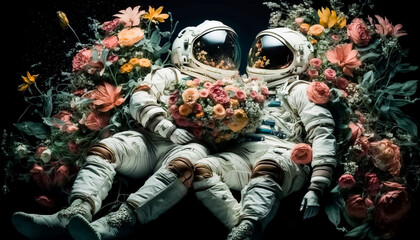 two enamored astronauts lying on a bed of flowers on valentine's day