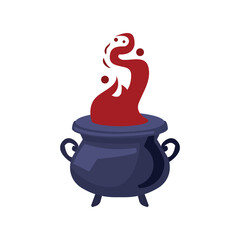 Vector flat icon of the witch's cauldron. An image of a cast-iron pot with blood-red smoke; game graphics, an illustration of the sabbath, a mobile application. Witcher, witch, necromancer, alchemist.