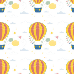 Seamless pattern with air balloon. Texture with simple air transport. Sky trip on hot air balloon, journey. Pattern background, decoration. Wallpaper or card template.