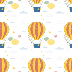 Naklejka premium Seamless pattern with air balloon. Texture with simple air transport. Sky trip on hot air balloon, journey. Pattern background, decoration. Wallpaper or card template.