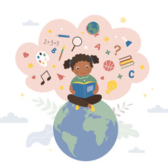 Smart african american girl sits on globe and reads book. Education, learning new things, globalization. Cute child student with textbook in hands. Online courses, lessons.