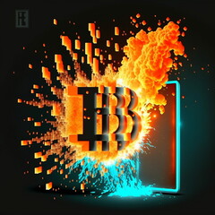 Bitcoin fire with binary and pixel explosion AI Generative